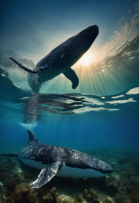 underwater photography，whales，Clear blue sea，sunraise，tmasterpiece，Very many details，lightand shade contrast，hyper HD，tmasterpiece，winning artwork，Best quality at best，A high resolution，16k，Photographic realism