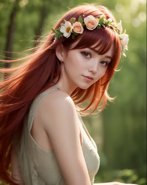 (masterpiece,  sharp focus),  ((closeup:1.5)),  A elegant 25 years old redhead woman ,  floating hair, light  smile,  voloptuous body, forest background,  volumetric light,  elegant summer dress,  focus face,  light rain on sun light,  red hair, Endsinger,...