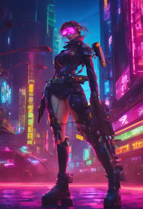 Sexy teen robot with lace-up weapons in cyber punk anime style