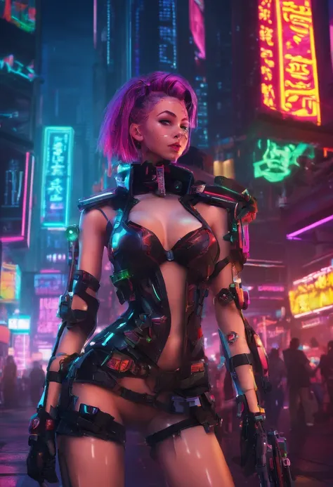 Sexy teen robot with lace-up weapons in cyber punk anime style