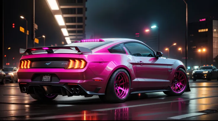 Cyberpunk, muscle car,mustang gt, pink, led lights, turbo charger, extremely detailed, 4k, hd