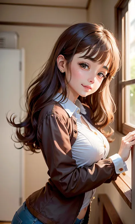 1 girl, brown hair, brown eyes,Frente, Cara detallada, Hermosos ojo、Nina es realista、pechos grandes、 muslos hechizantes、Use un traje、pantys、、dormitorio、、Blushing cheeks and happy expression、una rubia