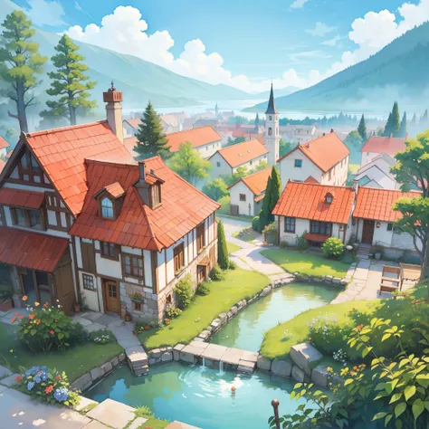 ((picture book illustration)), fantasy landscape, watercolor illustration, whimsical, warm colors, fairytale village, houses, ((masterpiece)), highly detailed environment