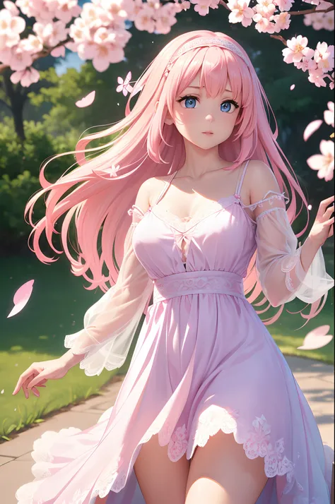 (CG unity 8k wallpaper extremely detailed) (better quality) (better lighting) (an extremely delicate and beautiful) (floating) (beautiful) (spring atmosphere) (1girl) (long pink hair), (hair headband), (detailed and beautiful blue eyes), ((very short white...