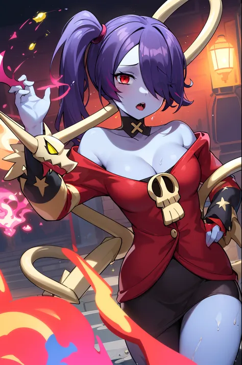 (masterpiece, best quality:1.1), pxint, squigly, red eyes, blue skin, zombie, hair over one eye, side ponytail, stitched mouth, ...