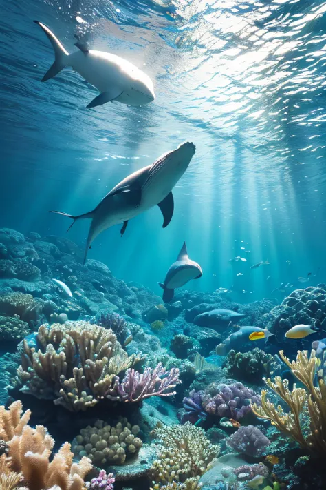 Schools of fish in the sea，underwater looking up，whales，Blue sea，Photographic works，High detail，lightand shade contrast，hyper HD，tmasterpiece，winning artwork，Best quality at best，A high resolution，16k