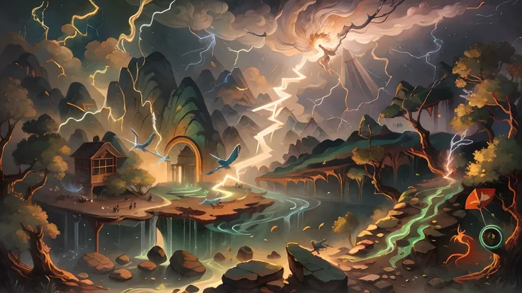 A mythological scene where a lightning ray of lightning attacks and drives away evil creatures