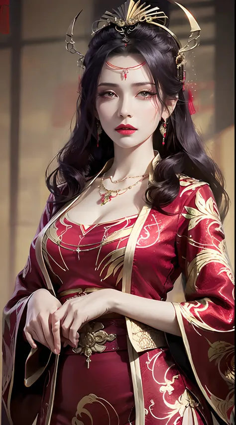 photorealistic, high resolution, 1women, mature female, solo, hips up, long hair, hair ornament,earrings,red dress,chinese cloth...