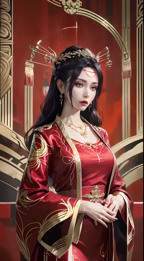 photorealistic, high resolution, 1women, mature female, solo, hips up, long hair, hair ornament,earrings,red dress,chinese cloth...