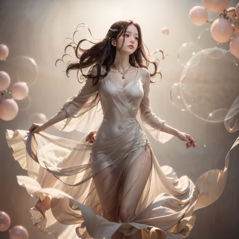 (A high resolution:1.2),Invisible Woman,Clothing,floating dress,Feminine silhouette,elegant,A-line skirt,Soft fabric,Subtle floral pattern,Ethereal,graceful movements,Long sleeves at fingertips,Long flowing hair,Loose waves,Dark brown hair,Delicate silver ...