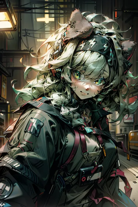 masterpiece,1girl, happy face, long messy green hair with braids, futuristic glowing headphone, solo, cool pose, hoodie, off shoulder, street, black cool jacket, A black hoodie，Cyberpunk style of cat-type people，Cyan with a digital cyberpunk anime style。