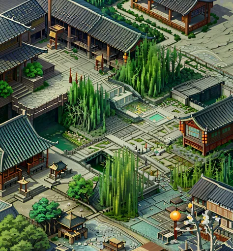 a close-up of a town with a lot of buildings, chinese village, beautiful rendering of the tang dynasty, old asian village, inspi...