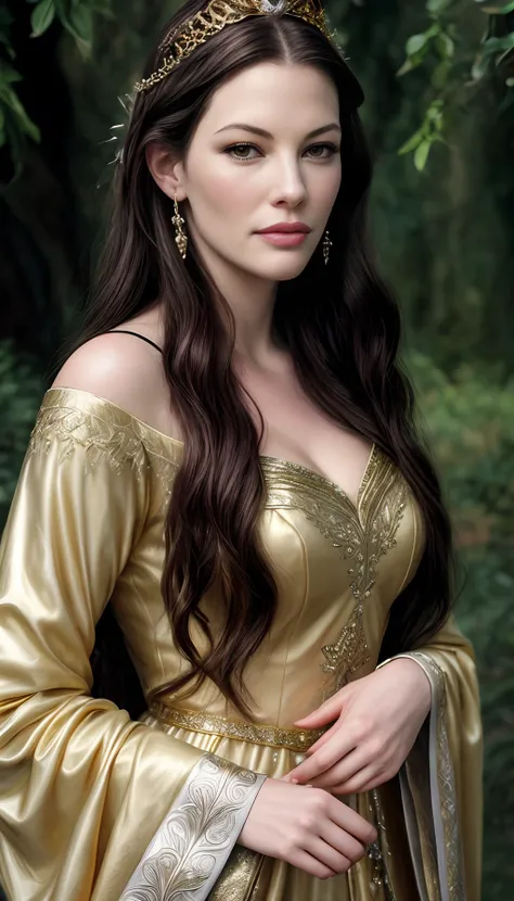 (Liv Tyler) in a gold dress with a tiara and a crown, masterpiece! portrait of arwen, beautiful maiden, beautiful elven princess, elven princess, medieval princess, beautiful fantasy maiden, princess portrait, renaissance digital painting, beautiful fantas...