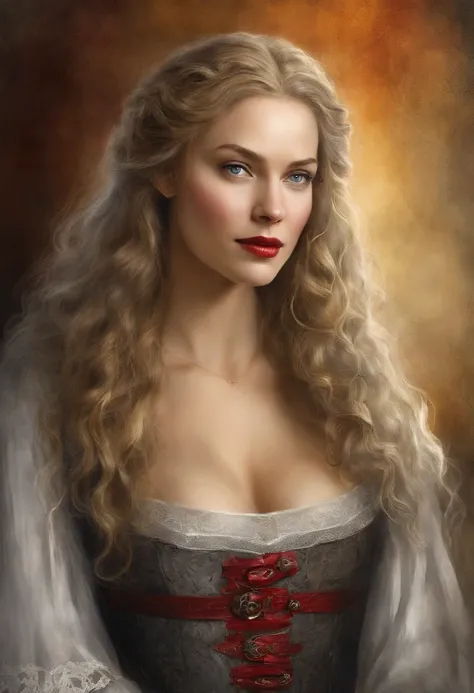 Portrait of a very beautiful medieval young woman Mirena from the film Dracula Untold (2014), feminine image of Mirena from the film Dracula Untold (2014), very beautiful and slender face of Sarah Gadon, long blond thick hair, her hair shimmers with gold, ...