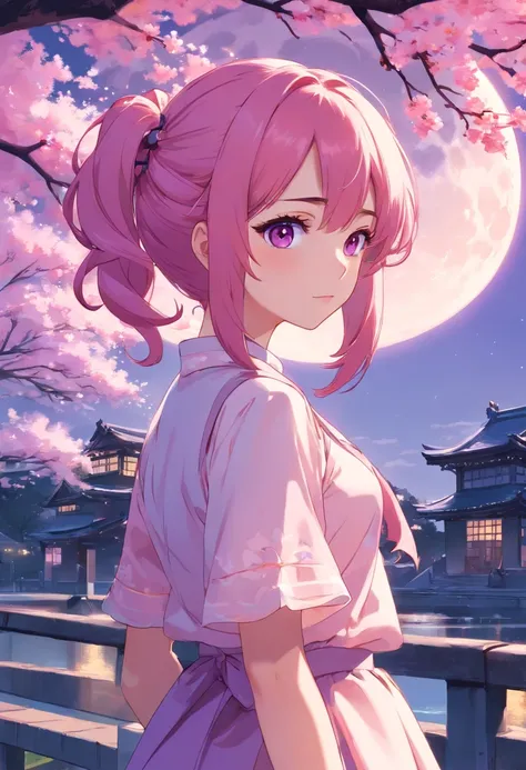 Pink color hair，Double ponytail curls，purple color eyes，White Lolita，Beth, In front of the cherry tree, looking at the moon