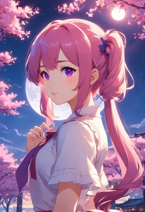 Pink color hair，Double ponytail curls，purple color eyes，White Lolita，Beth, In front of the cherry tree, looking at the moon