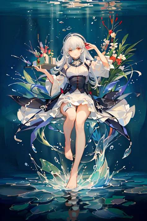 [(Transparent background: 1.5)::5],(((Masterpiece)))),(((Highest image quality))),((((Ultra)),Illustration,1 woman,Solo,Mysterious,Vivid color,Glossy,Underwater transparent sealed hemispherical glass dome, White hair, Red eye, Full body, Barefoot, Long hai...