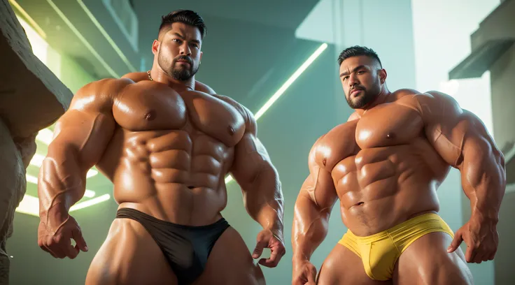 Very handsome，Chinese Thor，The background is an alien world，Sci-fi color background，short detailed hair，short mustache，Wear bright gold thongs，Perfect figure with tattoos, Very huge and strong body, Bulging muscles, musculous, Very large pectoral muscles，V...