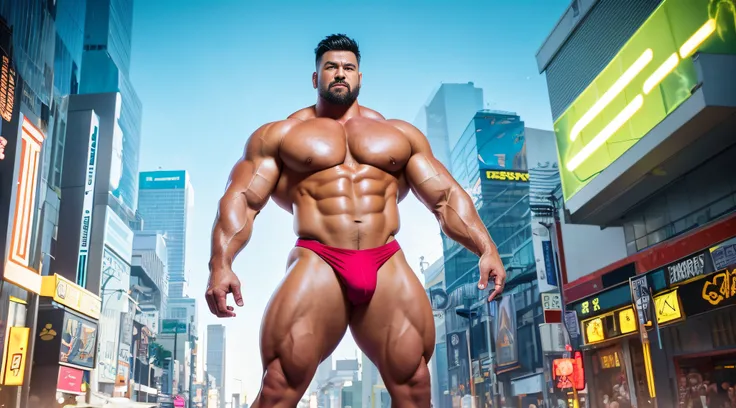 Very handsome，Chinese Thor，The background is an alien world，Sci-fi color background，short detailed hair，short mustache，Wear bright gold thongs，Perfect figure with tattoos, Very huge and strong body, Bulging muscles, musculous, Very large pectoral muscles，V...