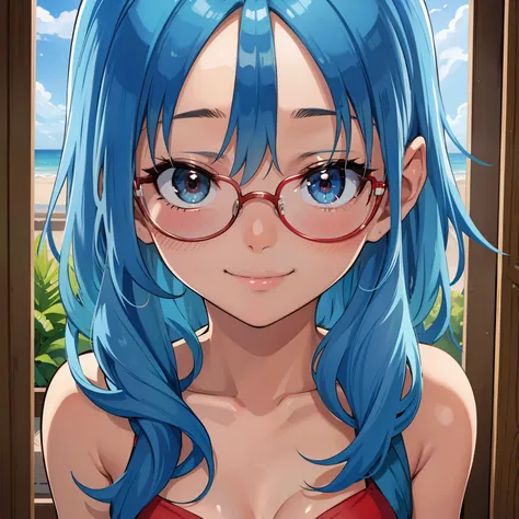 (best quality, masterpiece), 1girl ,looking at viewer, smile, blue hair, red bikini, blush, glasses