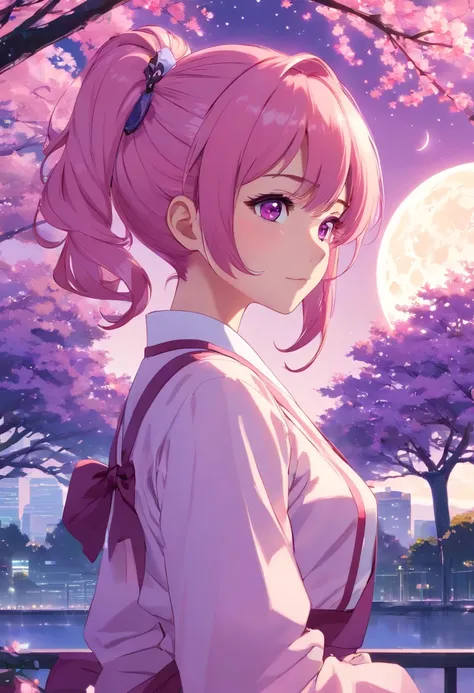 Pink color hair，Double ponytail curls，purple color eyes，White Lolita，Beth, In front of the cherry tree, looking at the moon