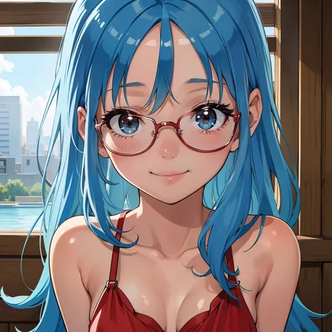 (best quality, masterpiece), 1girl ,looking at viewer, smile, blue hair, red bikini, blush, glasses