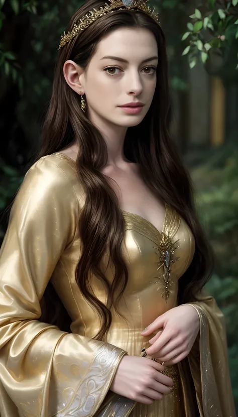 (Anne Hathaway) in a gold dress with a tiara and a crown, masterpiece! portrait of arwen, beautiful maiden, beautiful elven princess, elven princess, medieval princess, beautiful fantasy maiden, princess portrait, renaissance digital painting, beautiful fa...