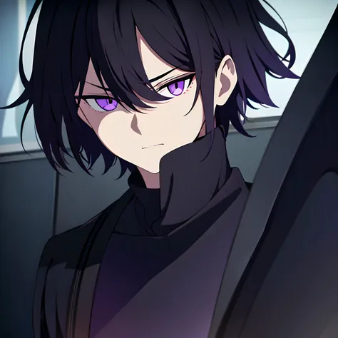 Black color hair，Boy with purple eyes，The expression is serious