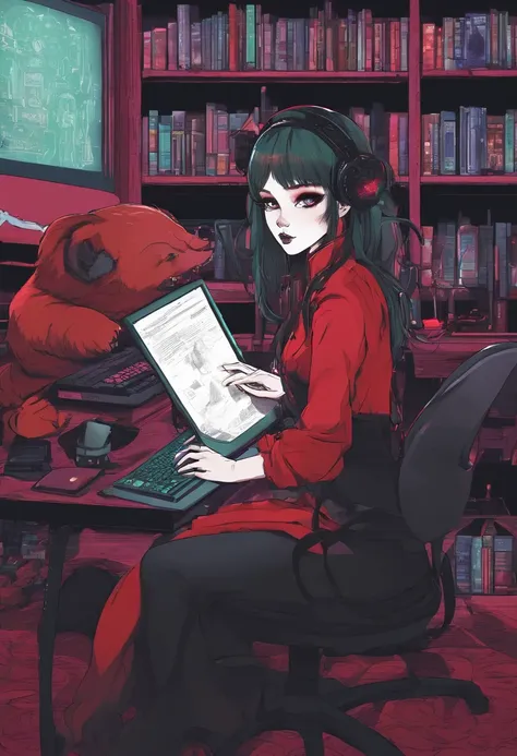 Girl with green eyes red black hair white skin on her cheeks sitting in a computer chair in front of a table with a keyboard and mouse screen in a red brown panda pajama suit with a red panda bear hat in a room with neon lights facing forward