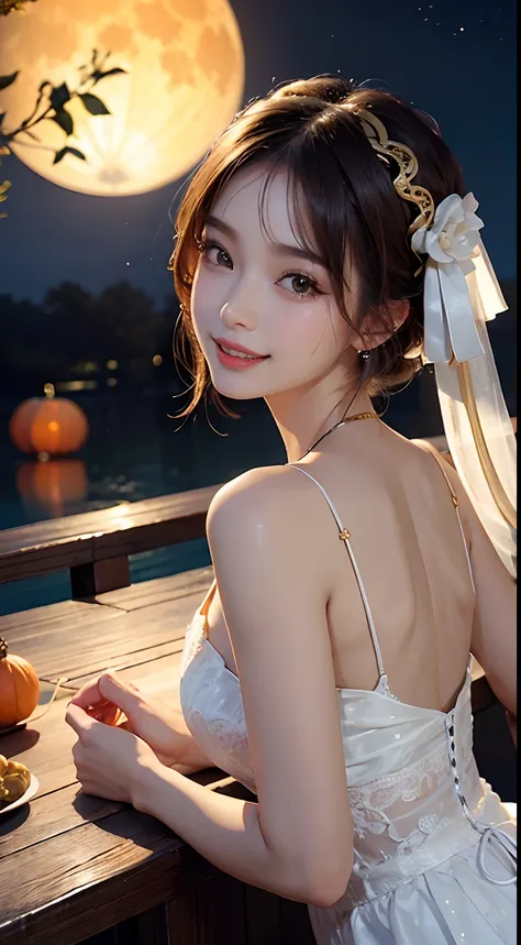 1girl, big moon, upper body, cinematic, golden ratio, Mid-autumn festival, smiling, close lips, white chinesse dress, look at view