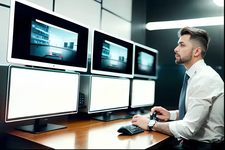 Man in white shirt and tie sitting at a table with several monitors, security cam footage, security footage, security cam footage, Imagens de CFTV, cctv camera footage, olhando para o monitor, security agent, security cam video, surveillance, pessoas assis...