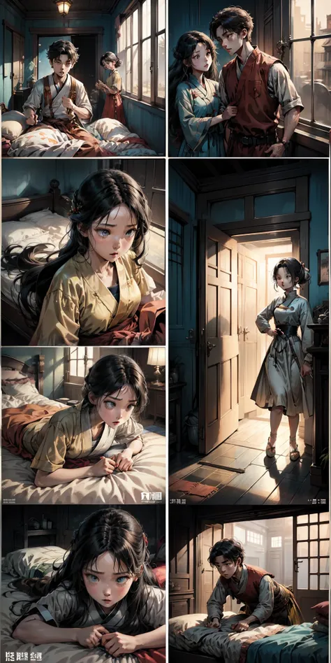 comic strip, The girl opened the door。The girl sees the boy and another woman lying on the bed。The boy panicked。The girl ran away。