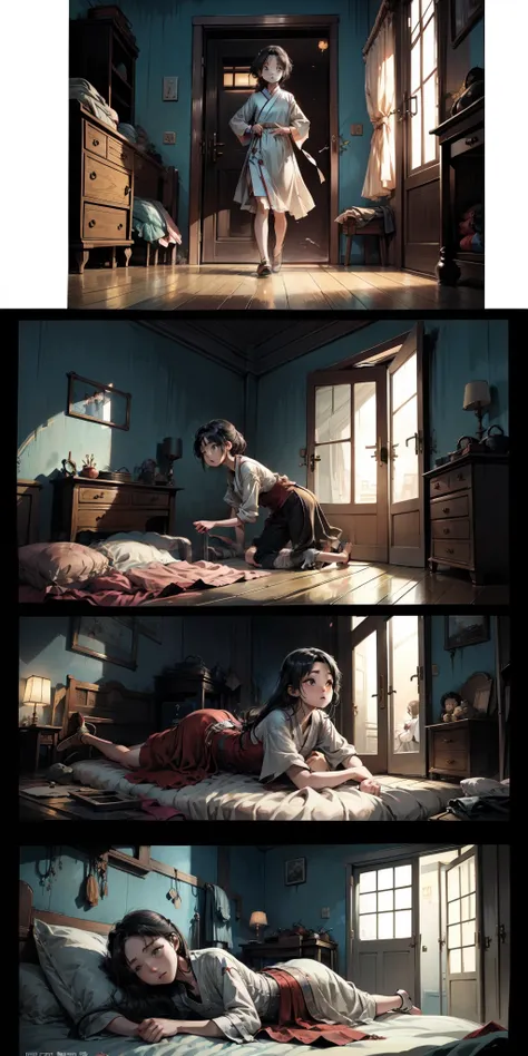 comic strip, The girl opened the door。The girl sees the boy and another woman lying on the bed。The boy panicked。The girl ran away。