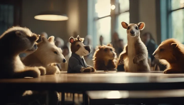 Cute animal gathering in a meeting room