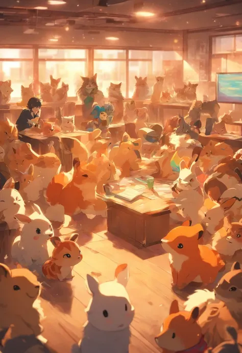 Cute animal gathering in a meeting room