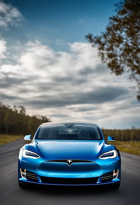 Blue sky and white clouds in background, Tesla 3 body, Tesla logo, Tesla wheels, Drive on the road, Side, Ultra HD, High quality, High detail, Best quality, high resolution, 4K, Masterpiece, Complementary colors, Poster effect, kanon, Atmospheric distance