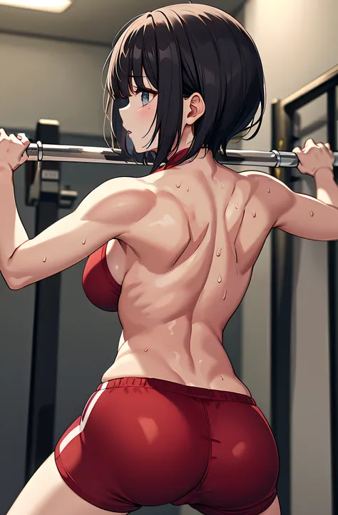 Her eyes shone like stars、Curvaceous but slender、Muchimuchi Body、Separate Wear、(top-quality、hight resolution、8k、​masterpiece:1.2)。Beautiful muscular woman、Lifting weights during a training session at dusk。She lifted the barbell forcefully、The muscles are t...