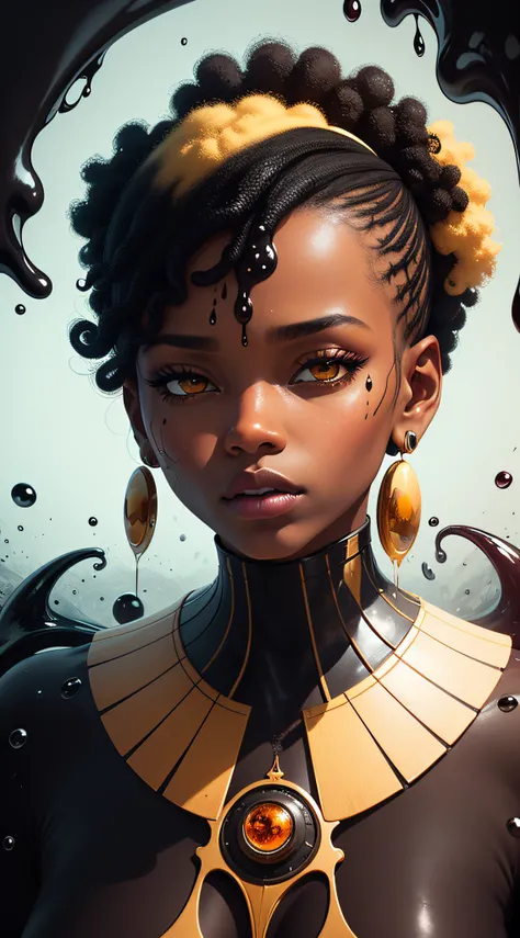 drink your java screenshot 3, in the style of surreal illustrations, pop colorism, dark amber and white, paint dripping technique, afrofuturism, realistic portraitures, poured