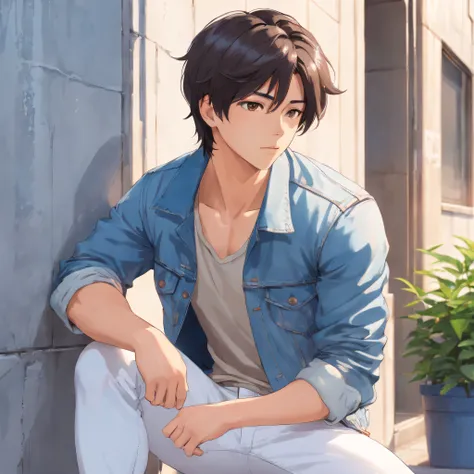 Alafed male model in white jeans and denim jacket leaning against wall, Korean Male, Jinyoung Shin, korean muscle boy 2 1 years old, model with attractive body, Cai Xukuns, taejune kim, male model, siwoo kim, inspired by Joong Keun Lee, Hyuntae, inspired b...