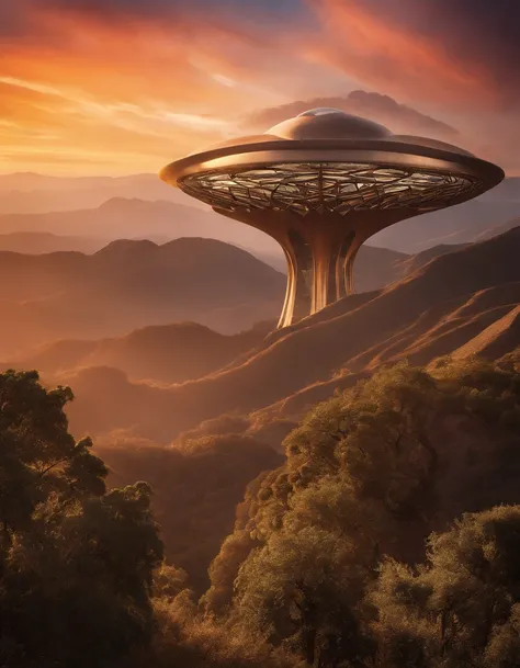 fascinating alien architecture amidst a captivating sunset. The extraterrestrial structure is a testament to advanced technology, featuring intricate geometric patterns and a blend of organic and mechanical elements. It stands atop a mountain peak, bathed ...