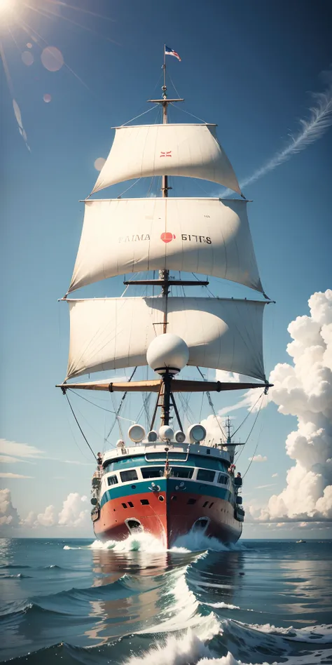 Ocean，There is a ship，There was a group of people standing on the boat，One man at the helm