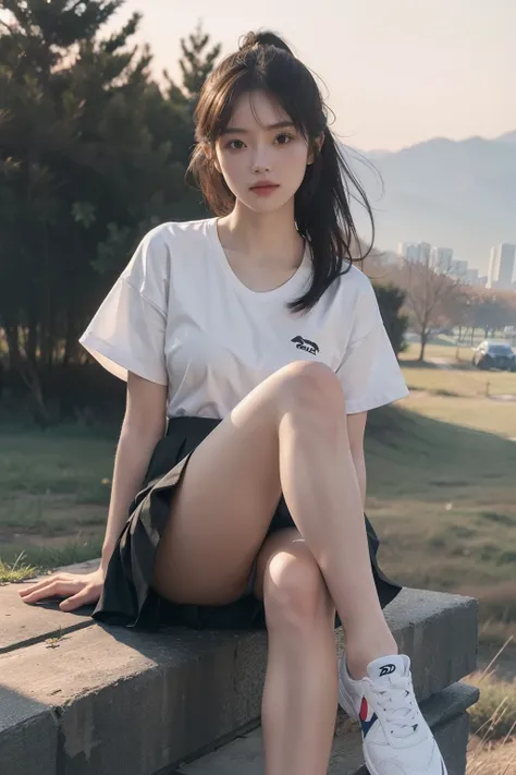 (full bodyesbian:1.5)，(1girll:1.3),(view the viewer:1.4)，(anatomy correct:1.4),(Sit on top of the hill:1.2),(wearing short skirt:1.2),( athletic sneakers :1.1),(Accurate and perfect face:1.3),(Long legs:1.3),hyper HD, Ray traching, reflective light， struct...