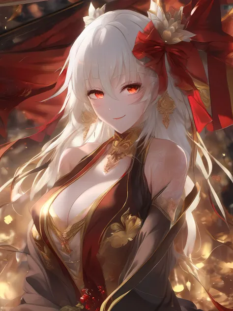 mature anime woman, tranparent clothes, brown lingerie, nsfw, golden and red theme, white hair, red eyes, masterpiece, intricate details, beautiful, elegant pose, depth of field-ar 2:3-s 200