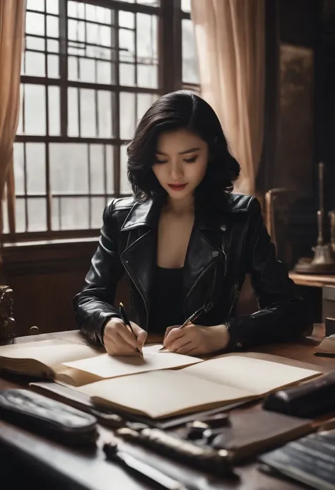 Black leather gloves in both hands, upper body, black leather riders jacket, writing a letter with a fountain pen at the desk, black hair, long straight, young Japanese woman