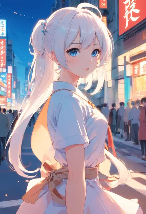 White color hair，Double ponytail curls，blue color eyes，White Lolita，，A bustling city street，Delicate colors，Exquisite 1：1.24，A bustling city in China