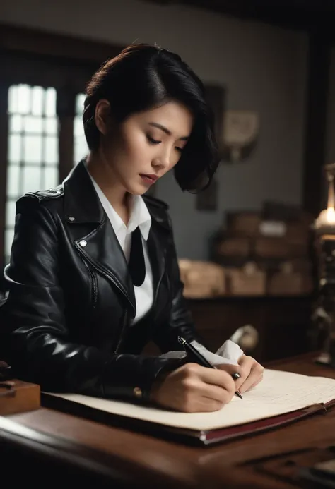 Black leather gloves in both hands, upper body, black leather riders jacket, writing a letter with a fountain pen at the desk, black hair, long straight, young Japanese woman