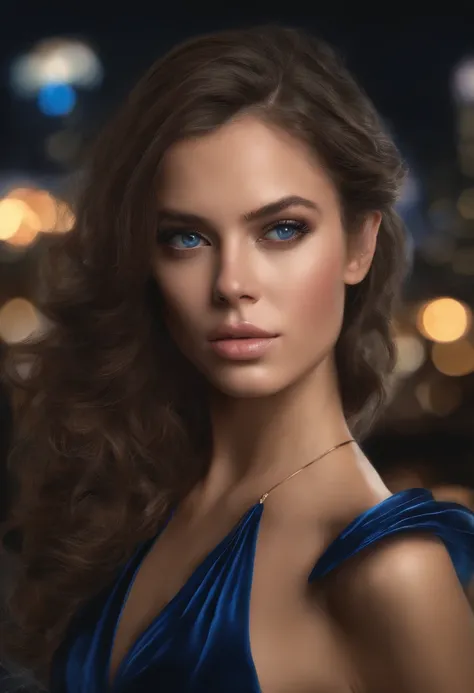 A striking portrait of a confident, young woman in a sleek black evening gown. Her rich chocolate-brown hair cascades down her back, while her piercing blue eyes captivate the viewer. The scene is set against a backdrop of a glamorous city skyline at twili...