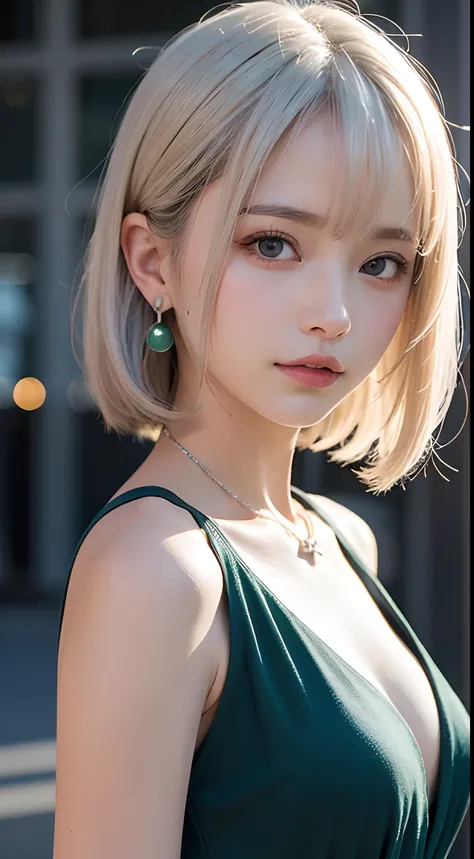 (masutepiece, Best Quality:1.5), Night, Dark theme, (Platinum Hair, Upper body, Looking at Viewer, Dark green dress:1.3), candid posing, earrings, Necklace, (violaceaess, gardeniass, Delicate girl, 8K, 85mm Portrait, Official art, Raw photo, absurderes, Sh...