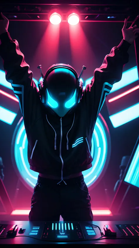 1 dj man, alien head, stage, neon light cyan-red, black neon oversized jacket, headset, hands up, stage, UHD 8K, , audiences, music