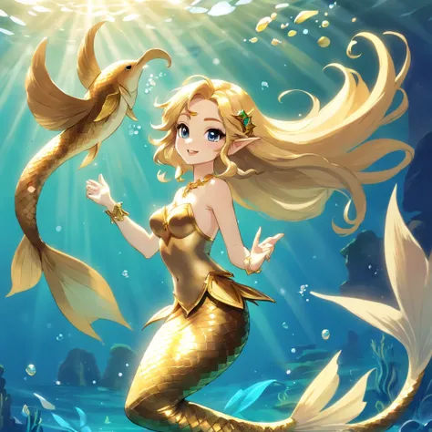 Mermaid, gold mertail, short blond hair, brown top, Access Pass, masterpiece, best quality